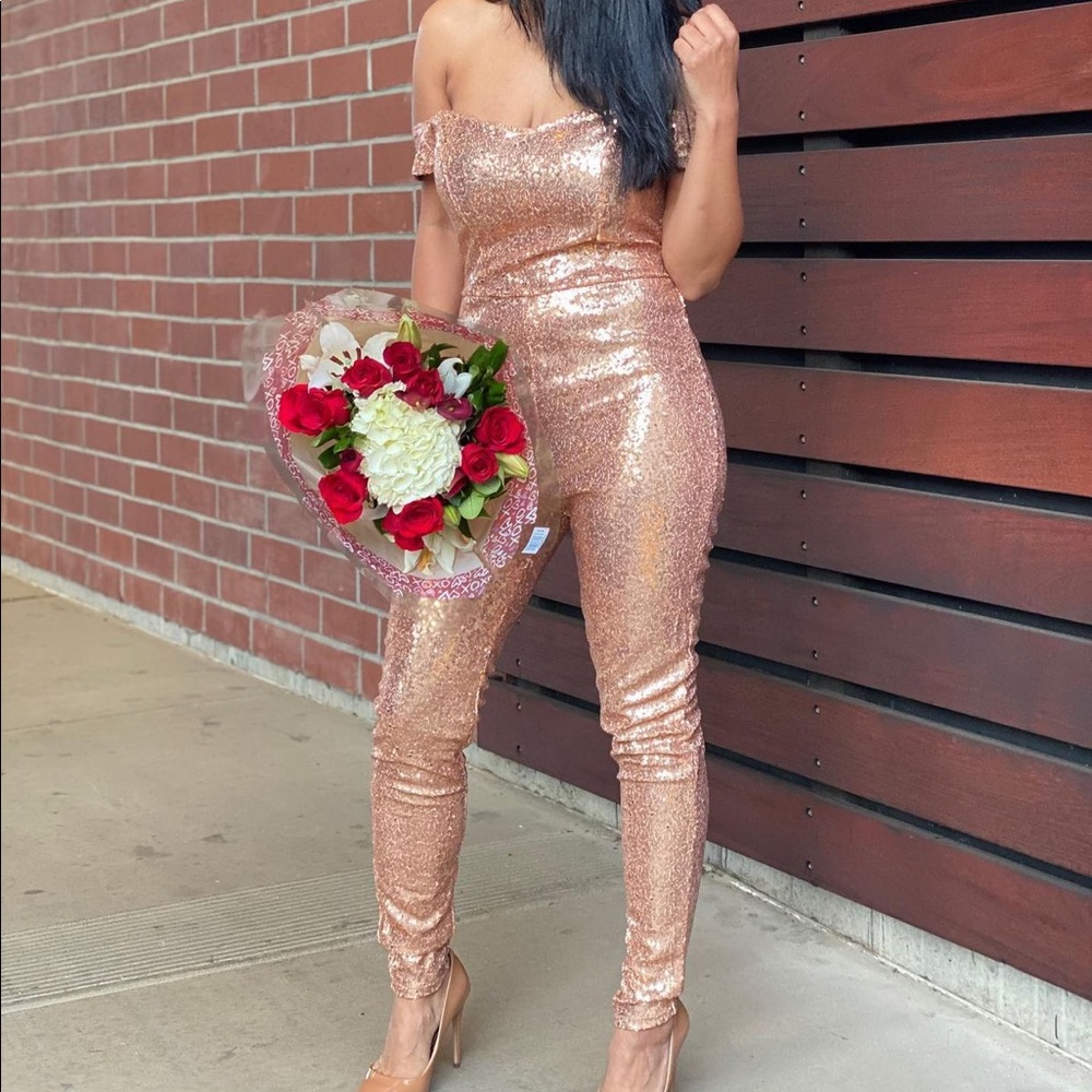 Off shoulder sequence jumpsuit